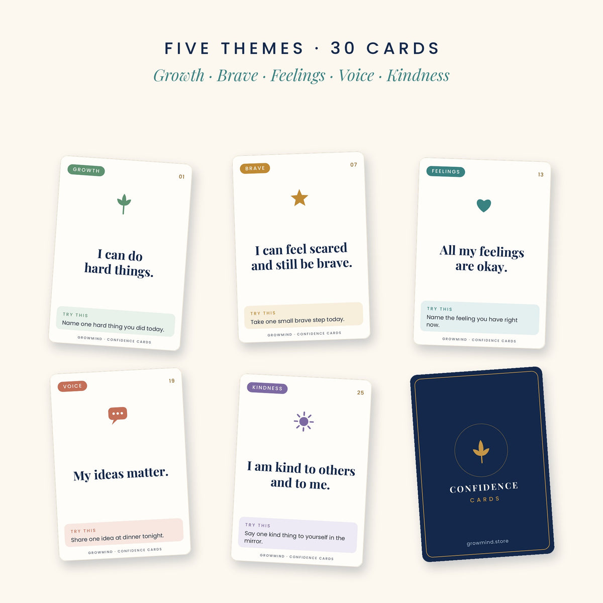 The five Confidence Card themes: Growth, Brave, Feelings, Voice and Kindness, plus the card back